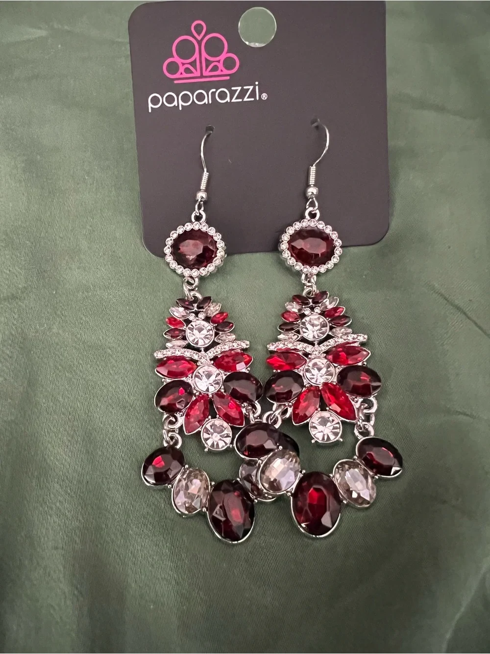 paparazzi Garnet and Clear Crystal Chandelier Earrings